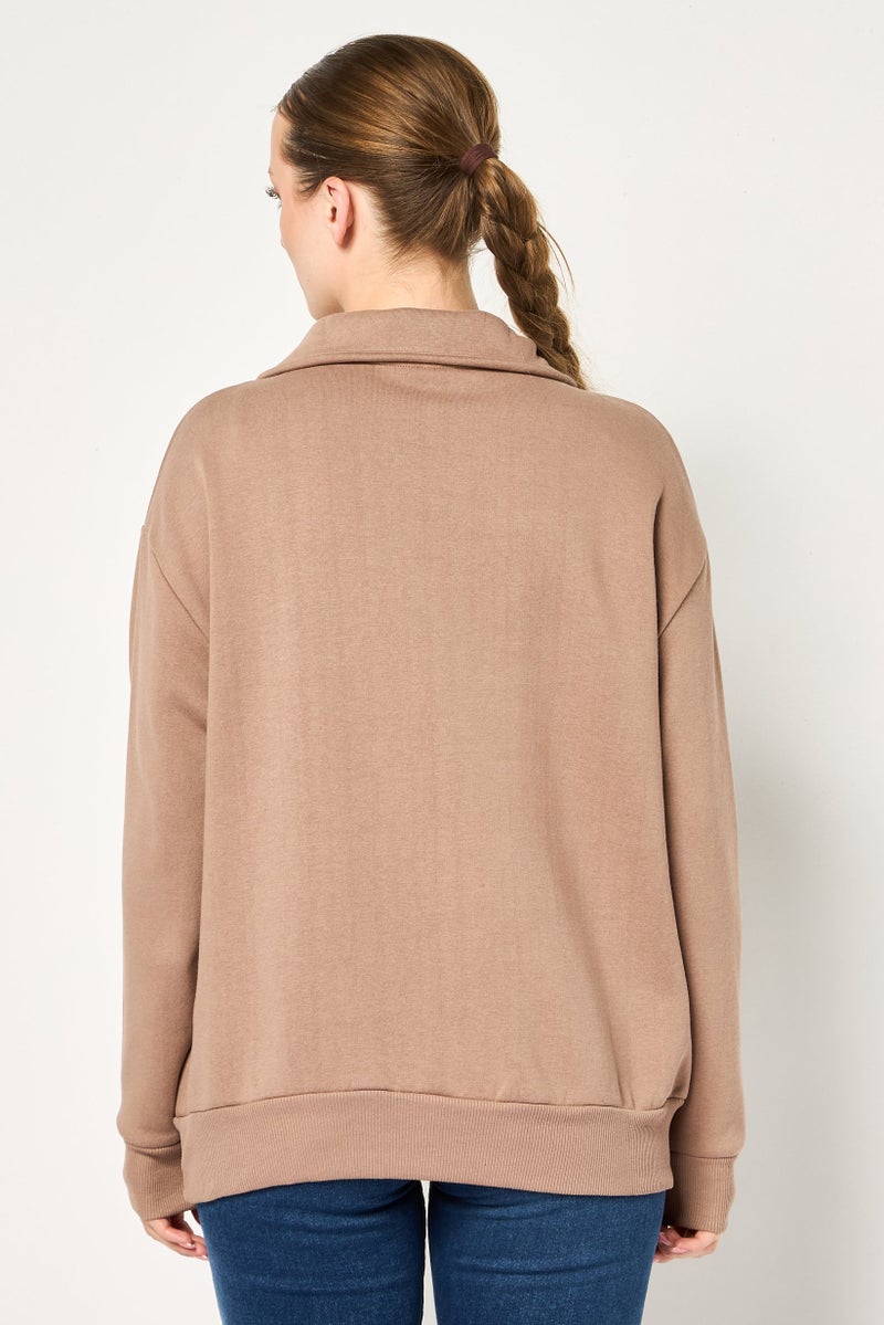DeFacto Women Spread Collar Long Sleeve Plain Sweatshirt, Brown - Image 4