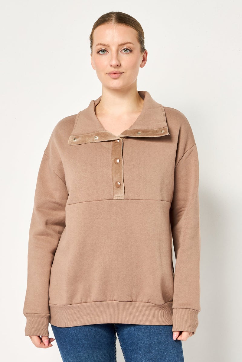 DeFacto Women Spread Collar Long Sleeve Plain Sweatshirt, Brown - Image 1