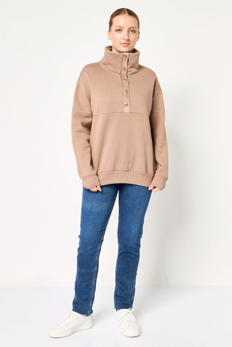 DeFacto Women Spread Collar Long Sleeve Plain Sweatshirt, Brown - Image 3