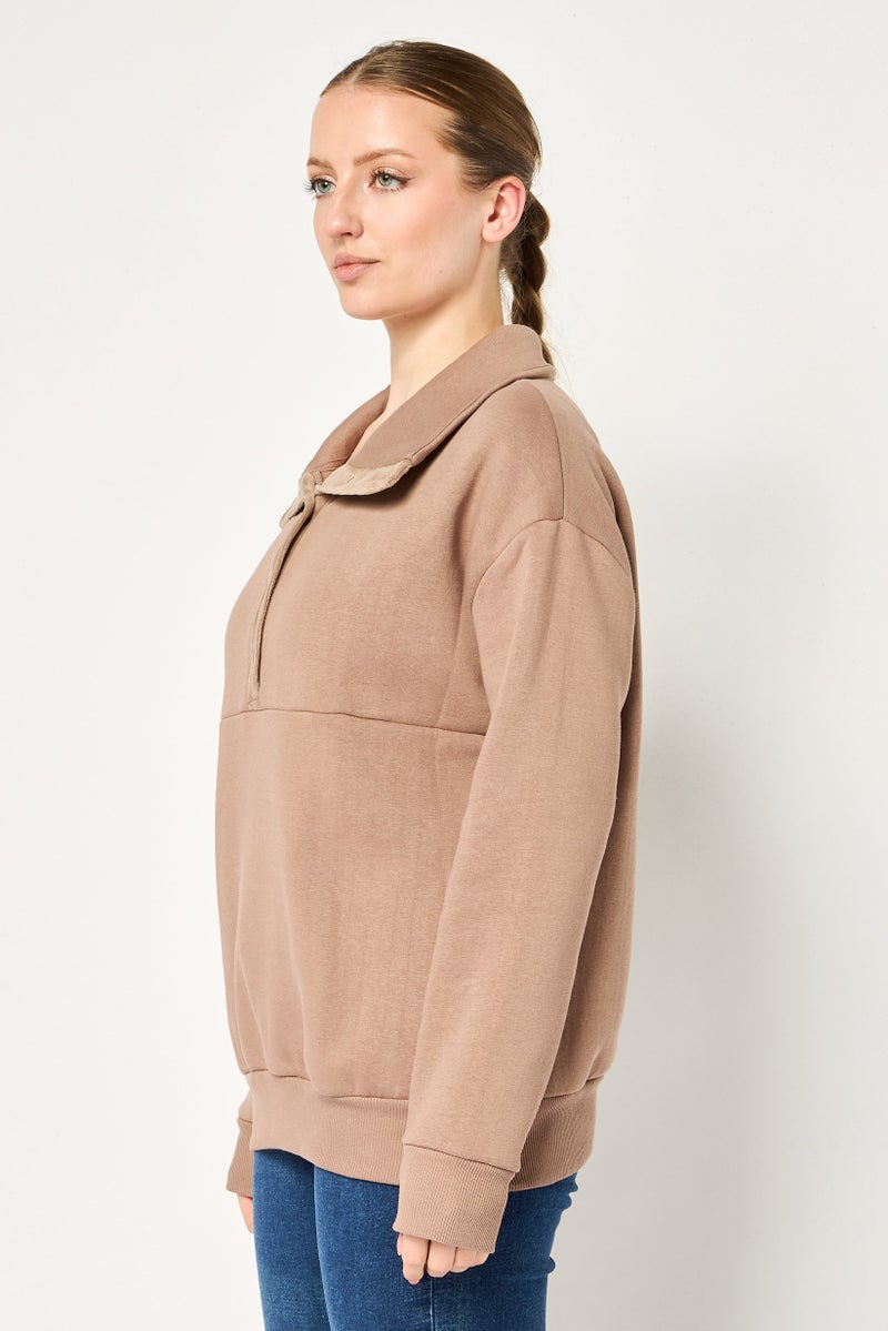 DeFacto Women Spread Collar Long Sleeve Plain Sweatshirt, Brown - Image 2