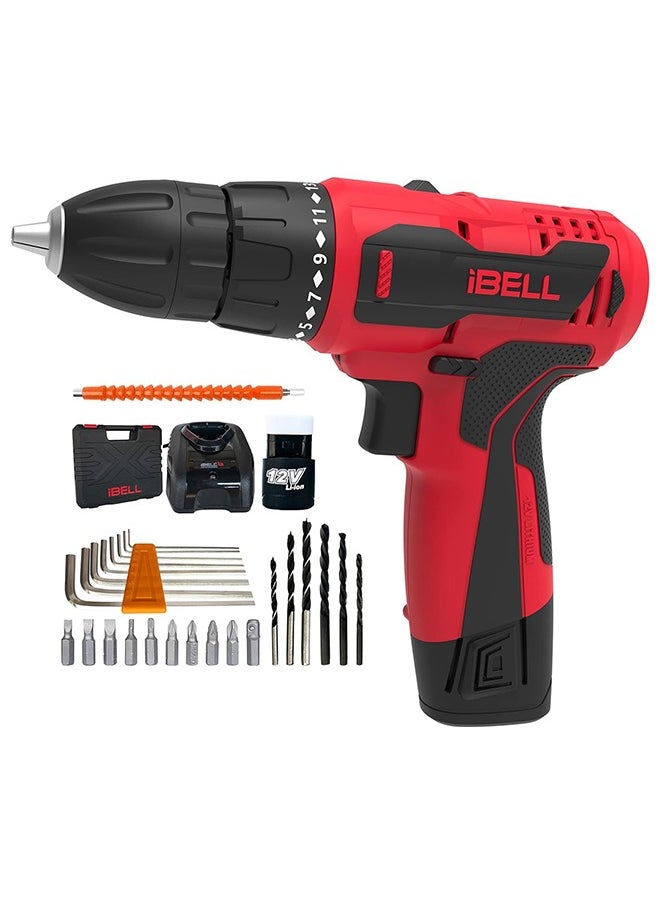 آي بيل IBELL مثقاب لاسلكي Cd12-74، 12 فولت، 1 بطارية + صندوق بي إم سي + 32 ملحق إضافي، 12 واط، أحمر 