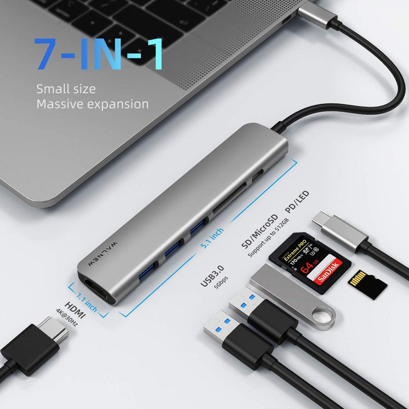 WALNEW محور USB C من WALNEW مع HDMI 4K، 100 واط توصيل الطاقة، قارئ SD/TF، منافذ بيانات USB 3.0، محول متعدد المنافذ 7 في 1، قاعدة Thunderbolt 4 لجهاز Macbook Pro/Air، Mac، iPad 10، Surface، Dell XPS Laptop، Tab S7 - Image 2