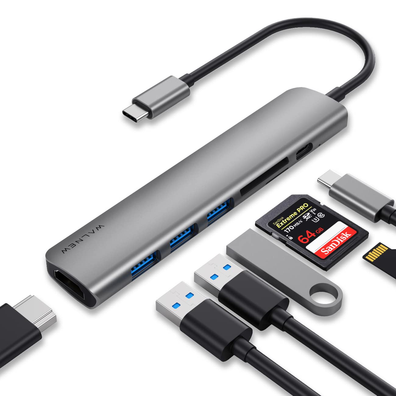 WALNEW USB C Hub with 4k HDMI,100W Power Delivery,SD/TF Reader,USB 3.0 Data Ports,7-in-1 USBC Dongle Multiport Adapter,Thunderbolt 4 Dock for Macbook Pro/Air,Mac,iPad 10,Surface,Dell XPS Laptop,Tab S7