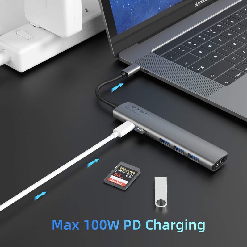 WALNEW محور USB C من WALNEW مع HDMI 4K، 100 واط توصيل الطاقة، قارئ SD/TF، منافذ بيانات USB 3.0، محول متعدد المنافذ 7 في 1، قاعدة Thunderbolt 4 لجهاز Macbook Pro/Air، Mac، iPad 10، Surface، Dell XPS Laptop، Tab S7 - Image 3
