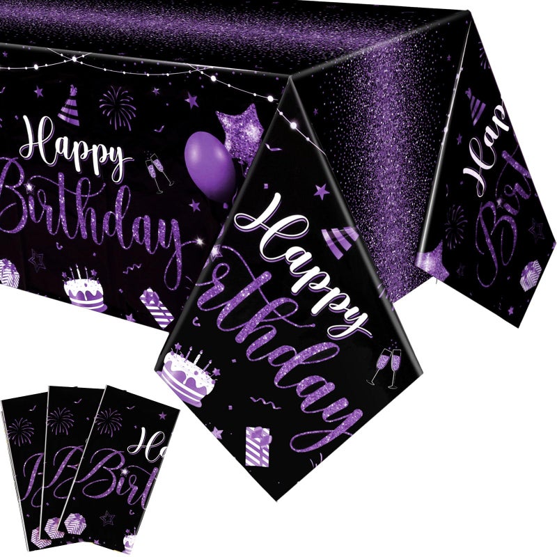 Tudomro 3 Pcs Happy Birthday Tablecloths Happy Birthday Party Decorations Plastic Table Cover Rectangular Cloths for Women Men Baby Shower Party Supplies 108 x 54 Inch Black Purple - Image 2