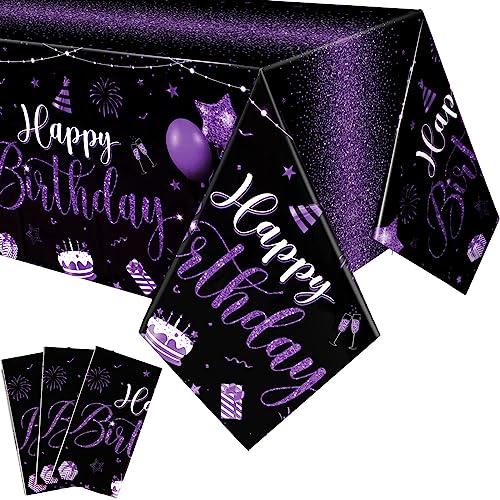Tudomro 3 Pcs Happy Birthday Tablecloths Happy Birthday Party Decorations Plastic Table Cover Rectangular Cloths for Women Men Baby Shower Party Supplies 108 x 54 Inch Black Purple - Image 1