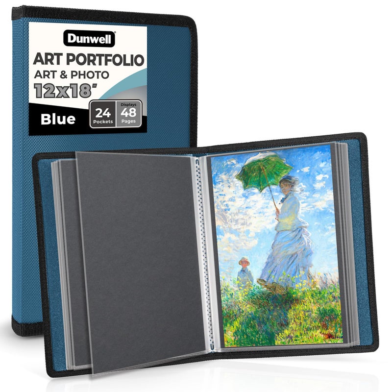 Dunwell 12x18 Art Portfolio Binder with Black Mounting Paper (Blue), Large Portfolio Folder for Artwork Storage, 24 Sleeves Display 48 Pages, 12 x 18 Presentation Book, Acid-Free Poly - Image 1