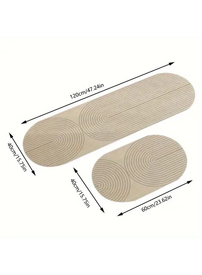 Beige Modern Kitchen Mat Set With Circular Design Rubber Base Wipeable Floor Mat - Image 3