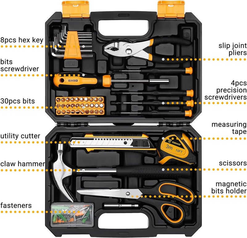 DEKOPRO General Household Hand Tool Kit with Plastic Toolbox Storage Case, All Purpose Home Tool Kit Includes Essential Tools for Office College Repairs, 50 Piece - Image 2