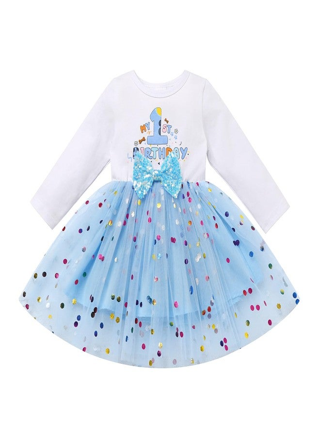 ODOLDI Toddler Girl Birthday Party Outfit Long Sleeve Tutu Dog Ears Hair Clips Set Photo Shoot Blue one 1T - Image 1