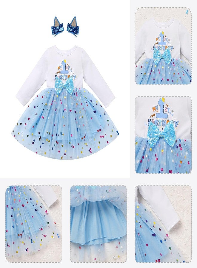 ODOLDI Toddler Girl Birthday Party Outfit Long Sleeve Tutu Dog Ears Hair Clips Set Photo Shoot Blue one 1T - Image 5