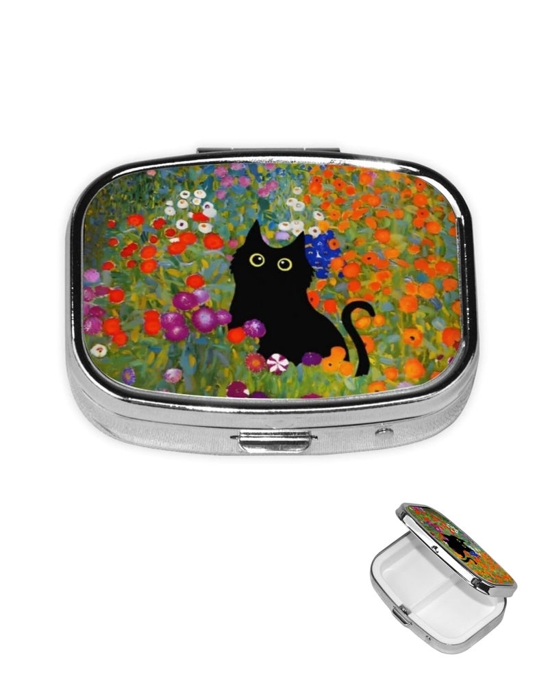 KWSAAHU Metal 2 Compartment Square Pill Organizer Sealed Travel Pill Container, Mini Size Pill Box for Pocket Wallets Two Times a Day Compact Pill Case for Children, Men and Woman - Cute Flower Cat - Image 1