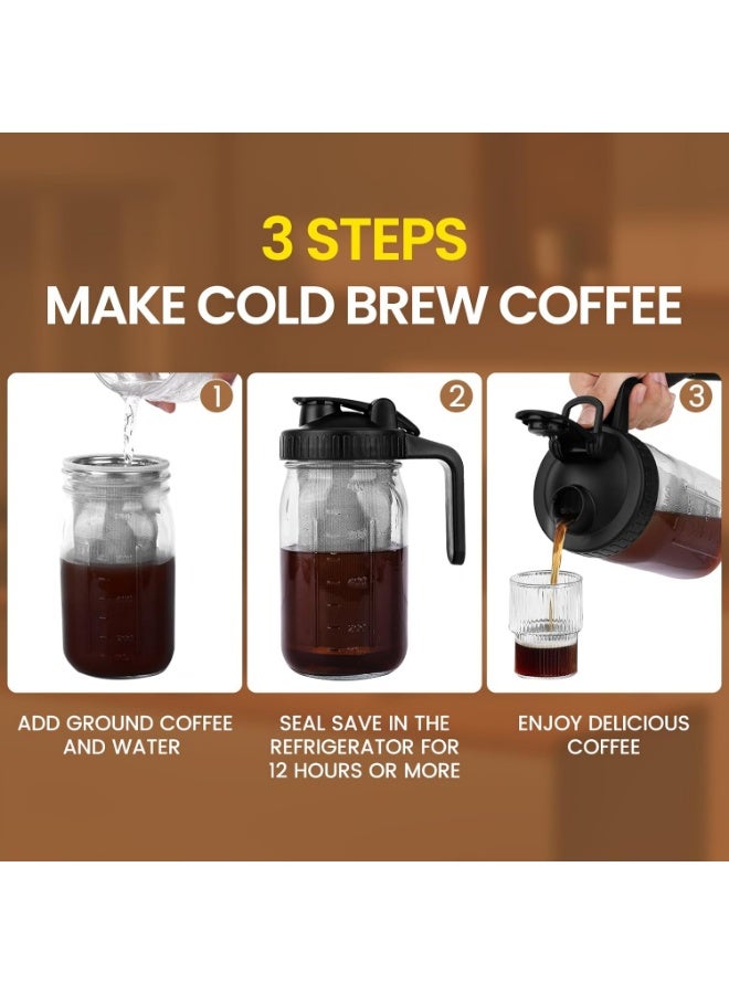 FASHION HOME 2 Sets Cold Brew Coffee Maker 32 oz Mason Jar Pitcher with Stainless Steel Filter Pour Spout Handle Lid Heavy Duty Glass Airtight & Leak-Proof Pitcher for iced coffee Tea Lemonade - Image 5