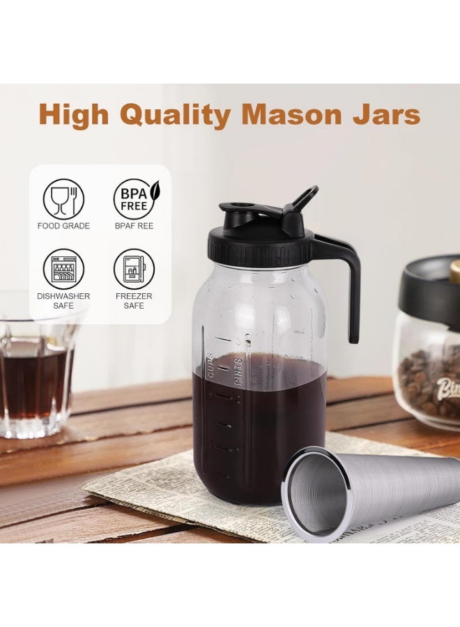 FASHION HOME 2 Sets Cold Brew Coffee Maker 32 oz Mason Jar Pitcher with Stainless Steel Filter Pour Spout Handle Lid Heavy Duty Glass Airtight & Leak-Proof Pitcher for iced coffee Tea Lemonade - Image 2
