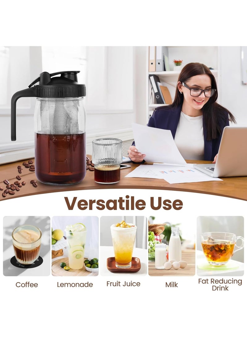 FASHION HOME 2 Sets Cold Brew Coffee Maker 32 oz Mason Jar Pitcher with Stainless Steel Filter Pour Spout Handle Lid Heavy Duty Glass Airtight & Leak-Proof Pitcher for iced coffee Tea Lemonade - Image 3