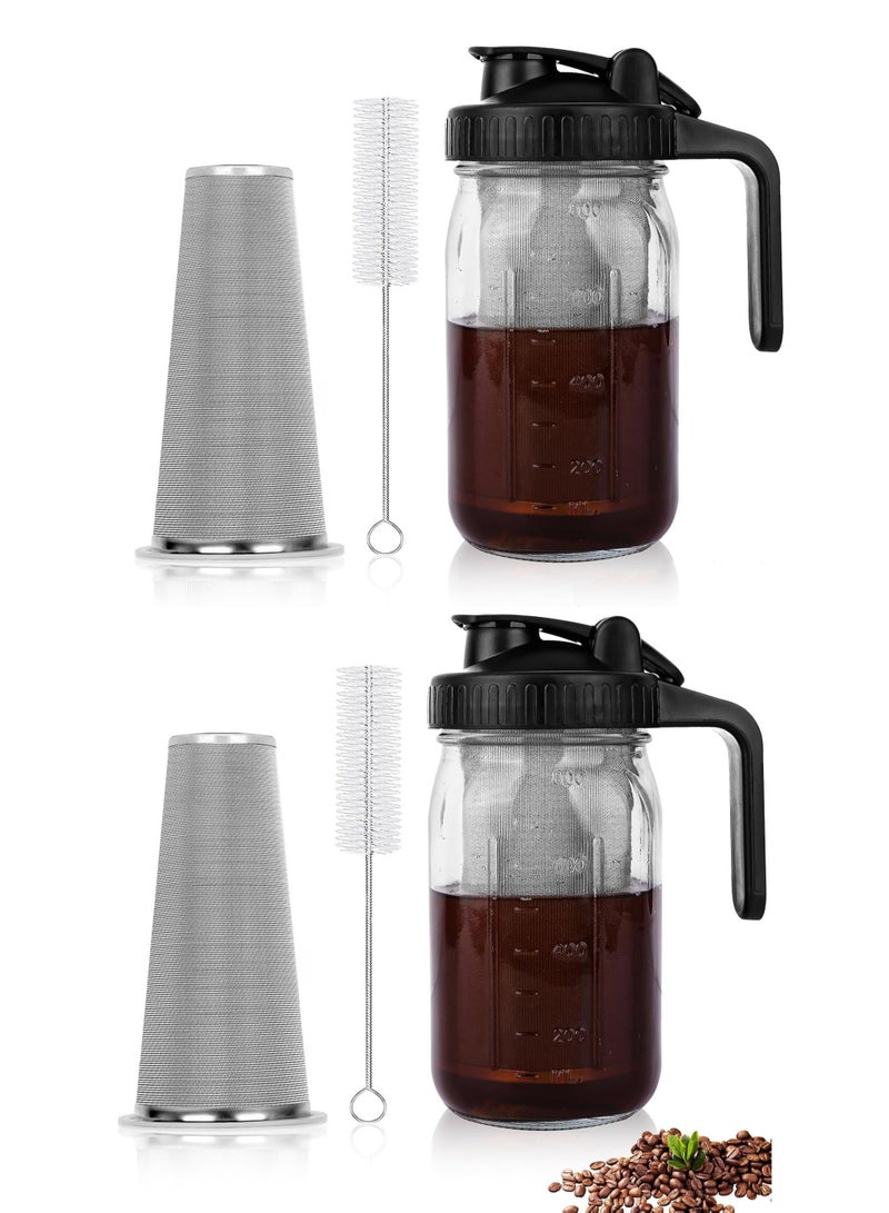 FASHION HOME 2 Sets Cold Brew Coffee Maker 32 oz Mason Jar Pitcher with Stainless Steel Filter Pour Spout Handle Lid Heavy Duty Glass Airtight & Leak-Proof Pitcher for iced coffee Tea Lemonade - Image 1