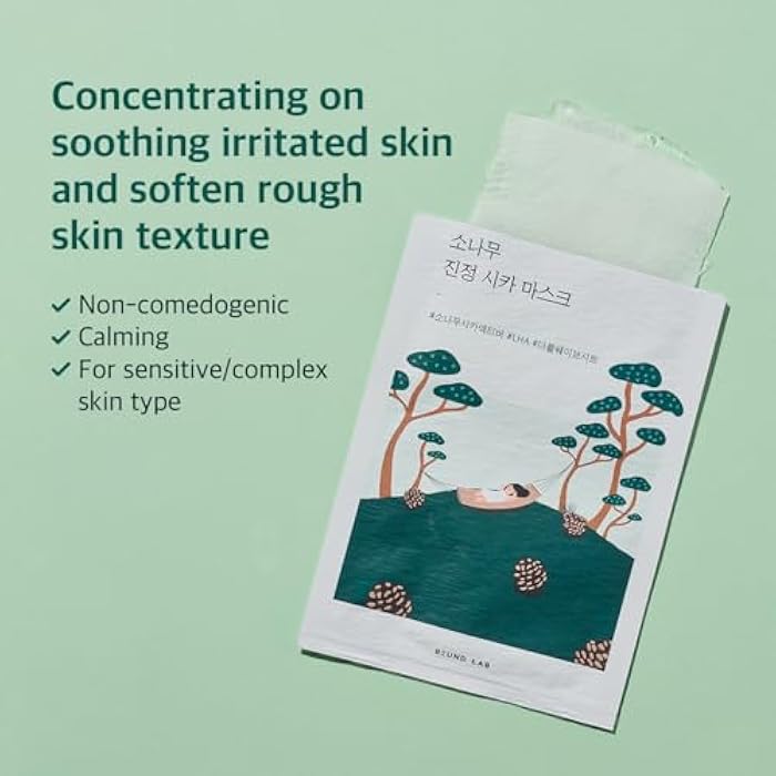 ROUND LAB Pine Calming Cica Sheet Mask 10ea, Cooling and Soothing Mask for Heated, Acne-Prone Skin, Double-Waved Air Hole Design for Extra Hydration with Pine Cica and Hyaluronic Acid, Korean Skincare - Image 2