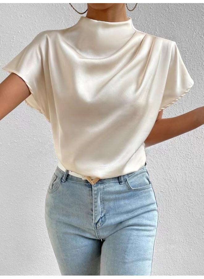 VUELO New Round Neck Short Sleeve Left Shoulder Pleated T-shirt Satin Women's Top 