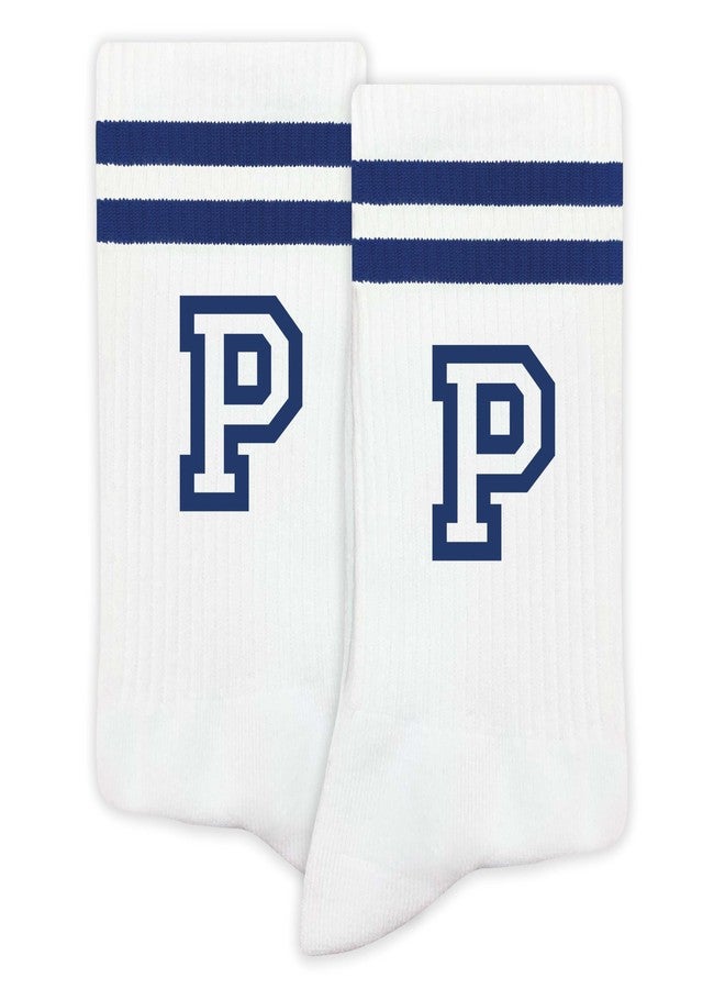 SSQBZU Striped Initial Socks with the Letter ‘P’ in Navy Blue, Socks for Adult, Teens, Men&Women, Gifts for Friends, Family, etc., Gifts for Birthday, Back to School, Graduation, Christmas.(266) - Image 1