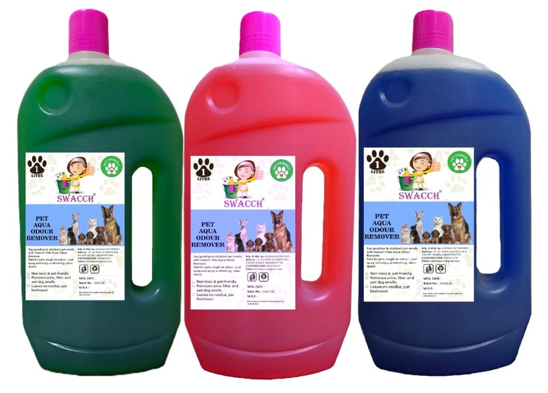 swacch Pet Aqua Odour Remover Liquid I Pet Safe Deodorizer for Home & Pet Areas I 1 Litre Combo Pack of 3 Mogra, Rose & Lavender - Image 1