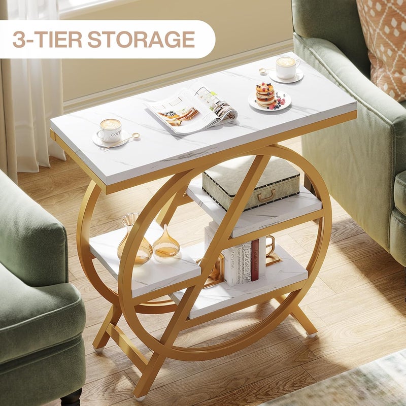 Tribesigns End Table for Living Room, 3-Tier Faux Marble Side Table with Storage, Wood Narrow Sofa Side Table with Geometric Metal Frame, Modern Nightstand and Bedside Table for Bedroom, Gold & White - Image 5