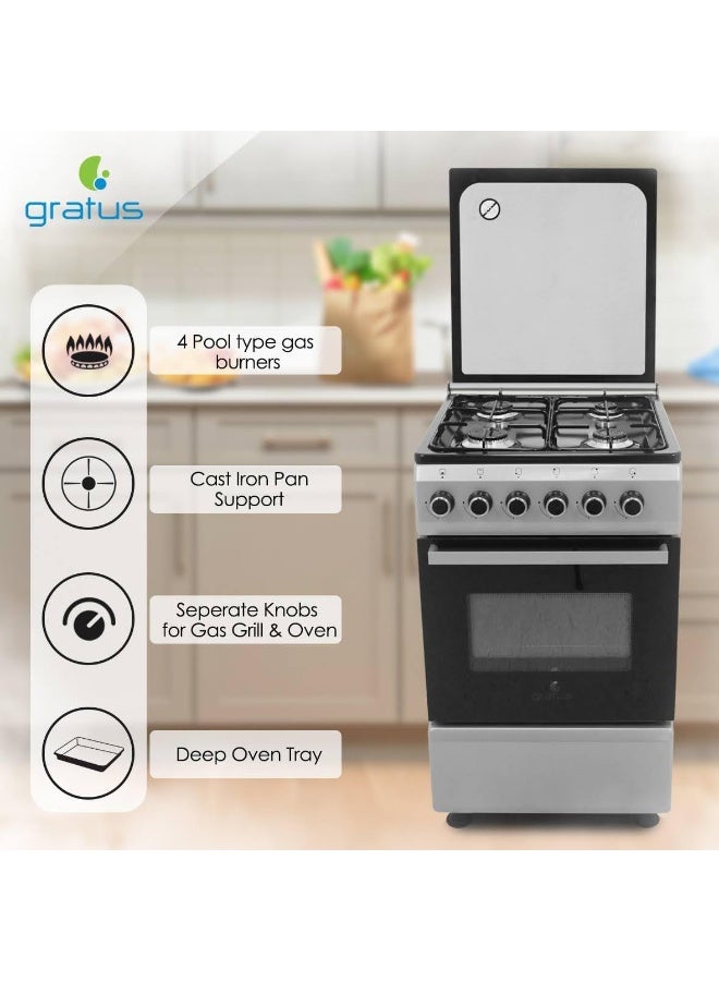 gratus 50x50 cm Free-Standing Gas Cooker with 4 Euro Burners & Gas Oven – Manual Ignition I Enamel Pan Supports, Stainless Steel Finish – Model CR55KTSS1 - Image 1