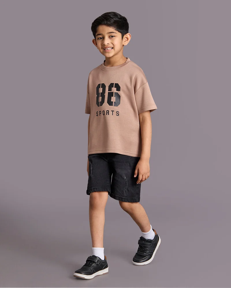 Redtag Boys Brown Printed Scuba Fabric T-shirt