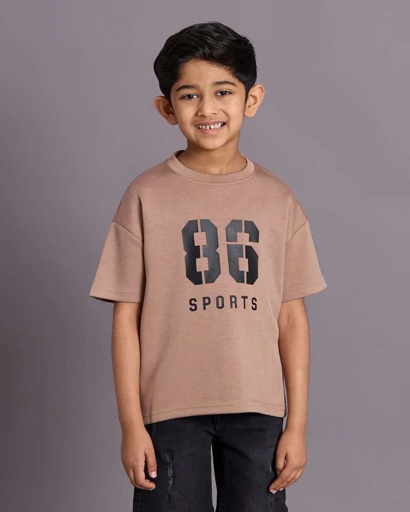 Redtag Boys Brown Printed Scuba Fabric T-shirt