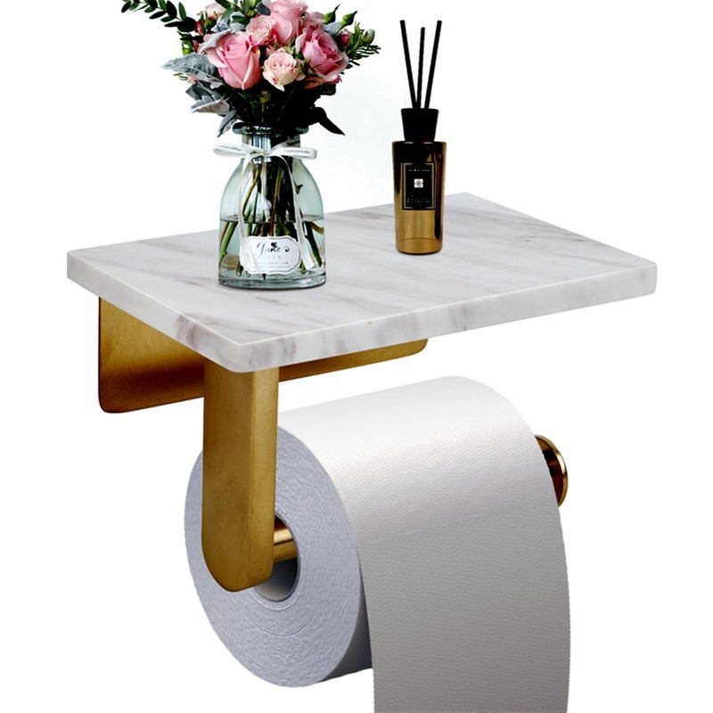 Nodafuer Toilet Paper Holder with Natural Marble Shelf for Bathroom Washroom Wall Mounted Tissue Holder Suitable for Mega Roll (Brushed Gold  Small 6.7 * 4.3 in) - Image 1