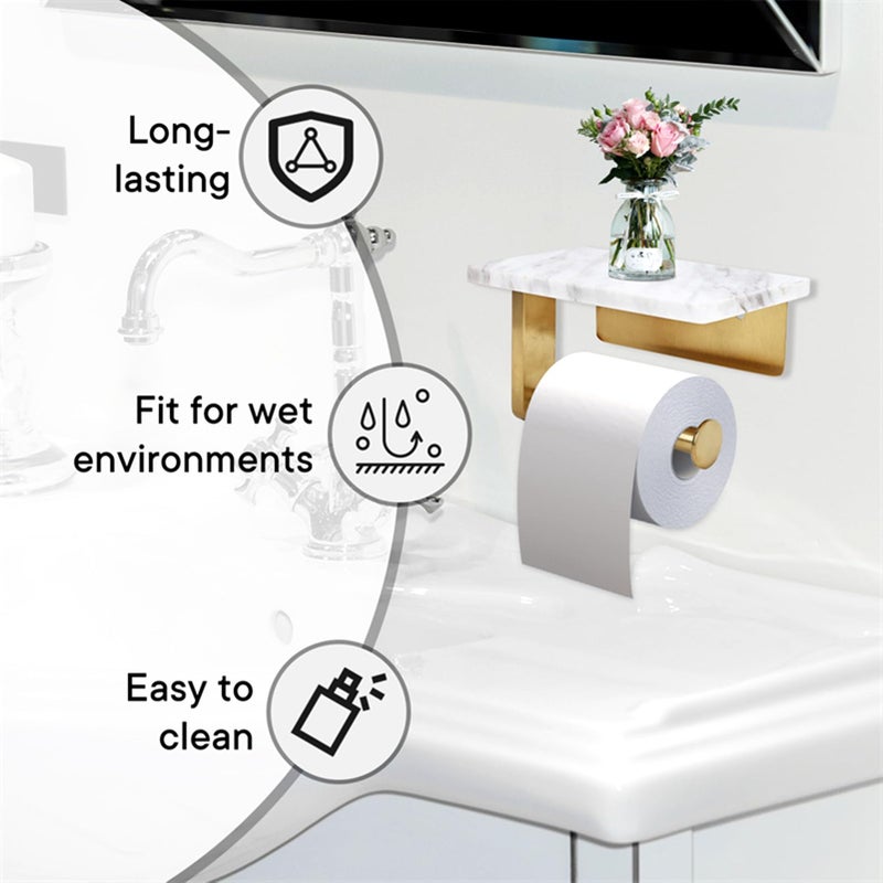 Nodafuer Toilet Paper Holder with Natural Marble Shelf for Bathroom Washroom Wall Mounted Tissue Holder Suitable for Mega Roll (Brushed Gold  Small 6.7 * 4.3 in) - Image 5