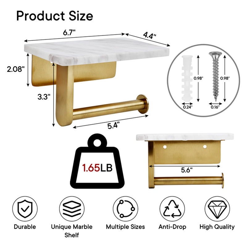 Nodafuer Toilet Paper Holder with Natural Marble Shelf for Bathroom Washroom Wall Mounted Tissue Holder Suitable for Mega Roll (Brushed Gold  Small 6.7 * 4.3 in) - Image 2