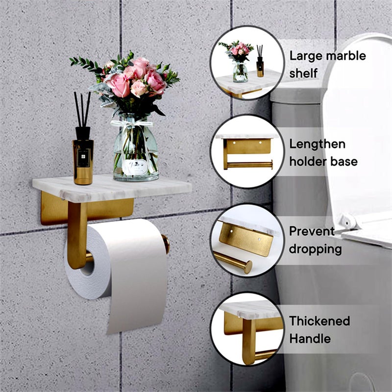Nodafuer Toilet Paper Holder with Natural Marble Shelf for Bathroom Washroom Wall Mounted Tissue Holder Suitable for Mega Roll (Brushed Gold  Small 6.7 * 4.3 in) - Image 3