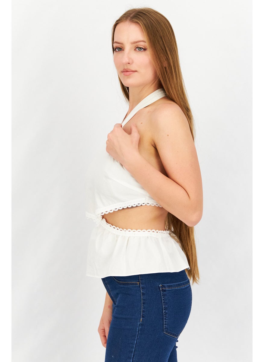 SkyLar Rose Women Halter Neck Sleeveless Textured Top, White  - Image 3