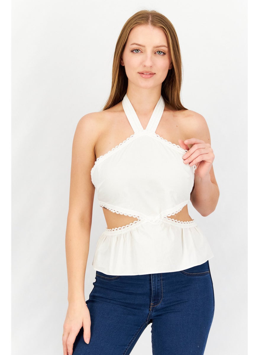 SkyLar Rose Women Halter Neck Sleeveless Textured Top, White  - Image 1