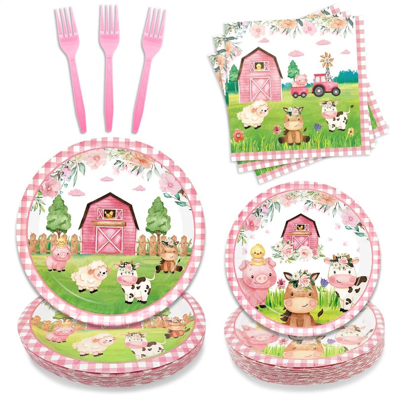 Oigco 96PCS Farm Animals Party Supplies Tableware Set Farm Birthday Party Barn Animal Theme Party Cute Pink Animal Baby Shower Dessert Plate Dinner Plate Paper Napkins Forks Dinnerware for 24 Guests - Image 2