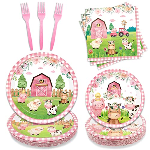 Oigco 96PCS Farm Animals Party Supplies Tableware Set Farm Birthday Party Barn Animal Theme Party Cute Pink Animal Baby Shower Dessert Plate Dinner Plate Paper Napkins Forks Dinnerware for 24 Guests - Image 1