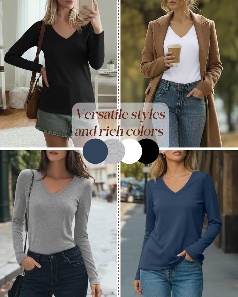 Huukeay 4 Pack Women's V Neck Long Sleeve T Shirts Basic Tops Casual Fall Loose Fit Blouse Tee Clothes Fashionable Outfits(Haze Blue, Grey, White, Black,Medium) - Image 2