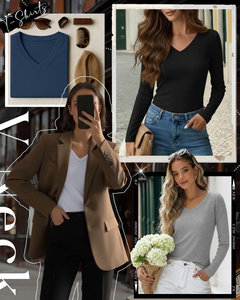 Huukeay 4 Pack Women's V Neck Long Sleeve T Shirts Basic Tops Casual Fall Loose Fit Blouse Tee Clothes Fashionable Outfits(Haze Blue, Grey, White, Black,Medium) - Image 5