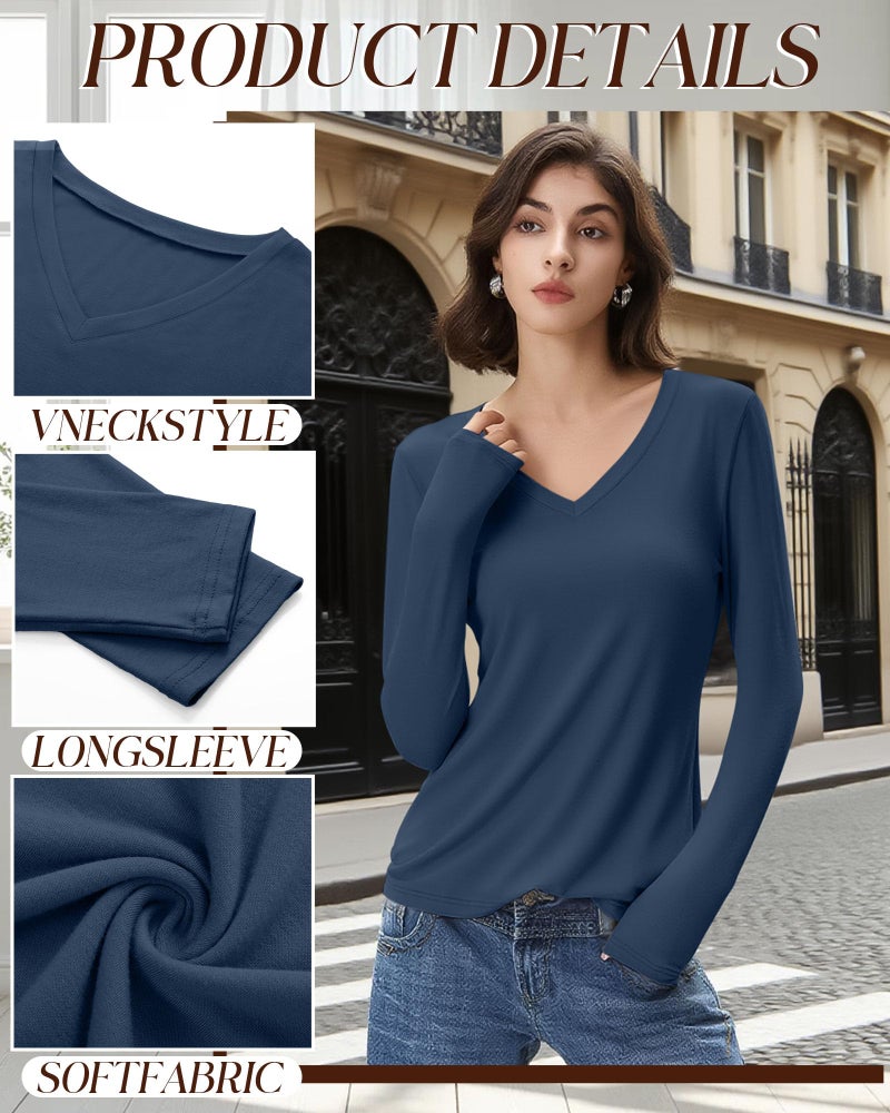 Huukeay 4 Pack Women's V Neck Long Sleeve T Shirts Basic Tops Casual Fall Loose Fit Blouse Tee Clothes Fashionable Outfits(Haze Blue, Grey, White, Black,Medium) - Image 4
