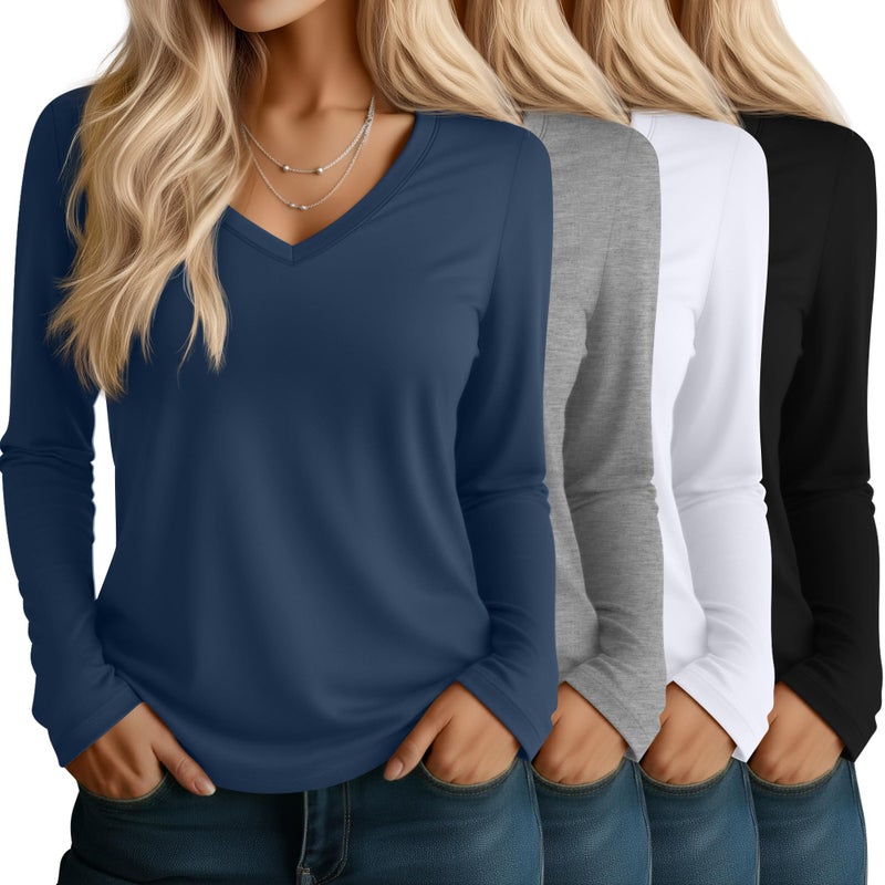Huukeay 4 Pack Women's V Neck Long Sleeve T Shirts Basic Tops Casual Fall Loose Fit Blouse Tee Clothes Fashionable Outfits(Haze Blue, Grey, White, Black,Medium) - Image 1
