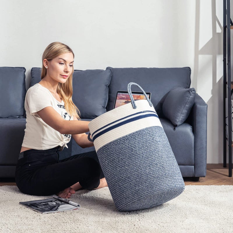 YOUDENOVA Woven Rope Laundry Hamper Basket by YOUDENOVA, 58L Tall Luandry Basket, Baby Nursery Hamper for Blanket Storage in Bedroom-Large-Blue - Image 2