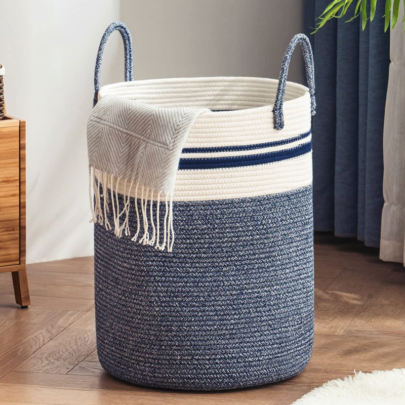 YOUDENOVA Woven Rope Laundry Hamper Basket by YOUDENOVA, 58L Tall Luandry Basket, Baby Nursery Hamper for Blanket Storage in Bedroom-Large-Blue - Image 1