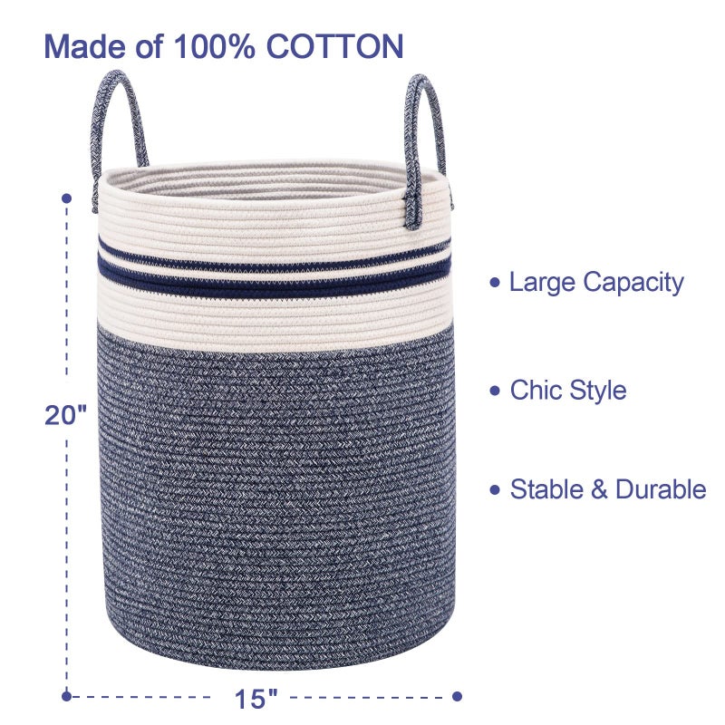YOUDENOVA Woven Rope Laundry Hamper Basket by YOUDENOVA, 58L Tall Luandry Basket, Baby Nursery Hamper for Blanket Storage in Bedroom-Large-Blue - Image 3