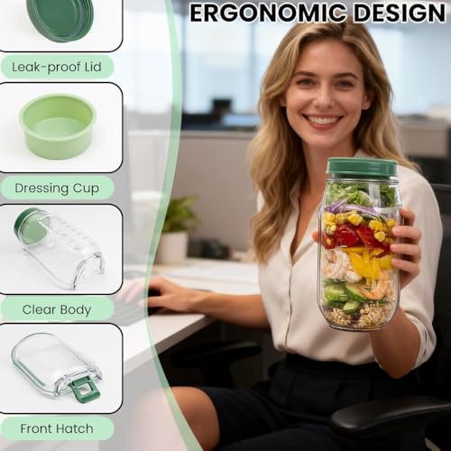 Home-Cloud HomeCloud Side-Open Mason Jar Salad Container – Leakproof Vertical Layering Jar with Built-In Dressing Cup, Reusable Portable Lunch Jar for Office, Picnic & Travel (Green, Pack of 1) - Image 4