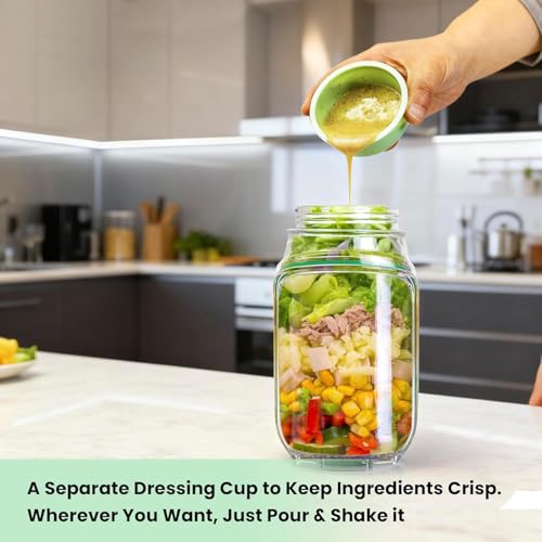 Home-Cloud HomeCloud Side-Open Mason Jar Salad Container – Leakproof Vertical Layering Jar with Built-In Dressing Cup, Reusable Portable Lunch Jar for Office, Picnic & Travel (Green, Pack of 1) - Image 5