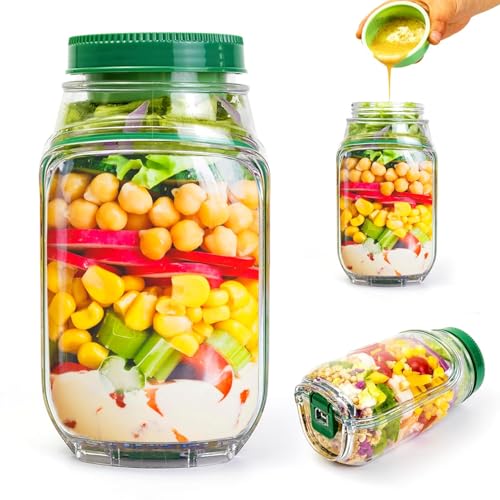 Home-Cloud HomeCloud Side-Open Mason Jar Salad Container – Leakproof Vertical Layering Jar with Built-In Dressing Cup, Reusable Portable Lunch Jar for Office, Picnic & Travel (Green, Pack of 1) - Image 1