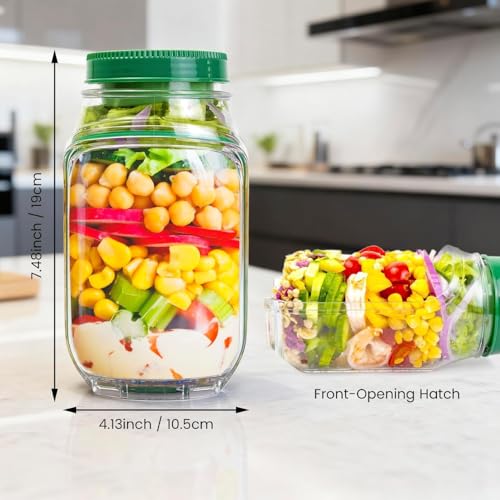 Home-Cloud HomeCloud Side-Open Mason Jar Salad Container – Leakproof Vertical Layering Jar with Built-In Dressing Cup, Reusable Portable Lunch Jar for Office, Picnic & Travel (Green, Pack of 1) - Image 3