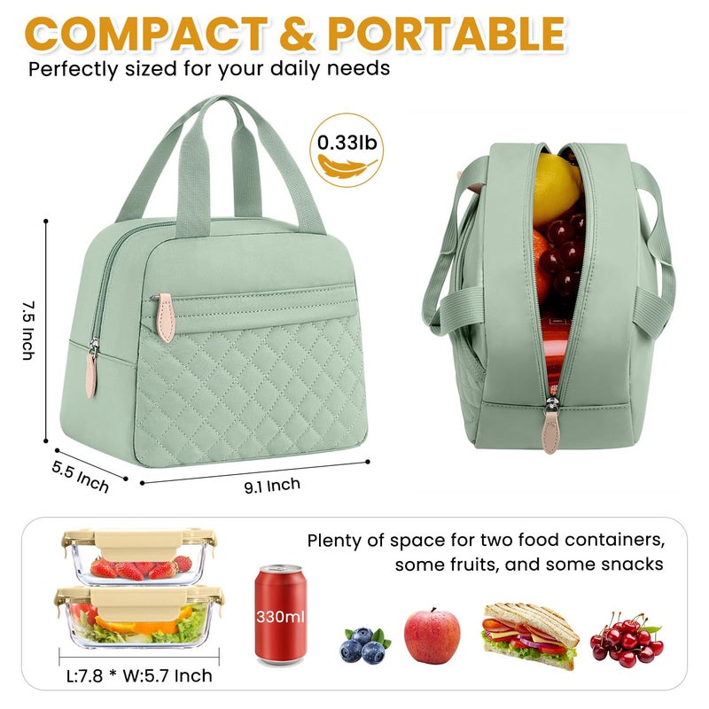 ELONGRIVER Insulated Lunch Bag for Women, Portable Lightweight Lunch Box for Adults, Reusable Small Lunch Tote Cooler Bags with Front Zipper Pocket for Work School Picnic(Green) - Image 2