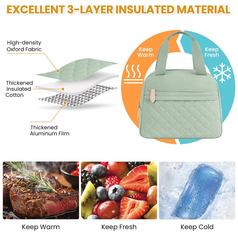 ELONGRIVER Insulated Lunch Bag for Women, Portable Lightweight Lunch Box for Adults, Reusable Small Lunch Tote Cooler Bags with Front Zipper Pocket for Work School Picnic(Green) - Image 3