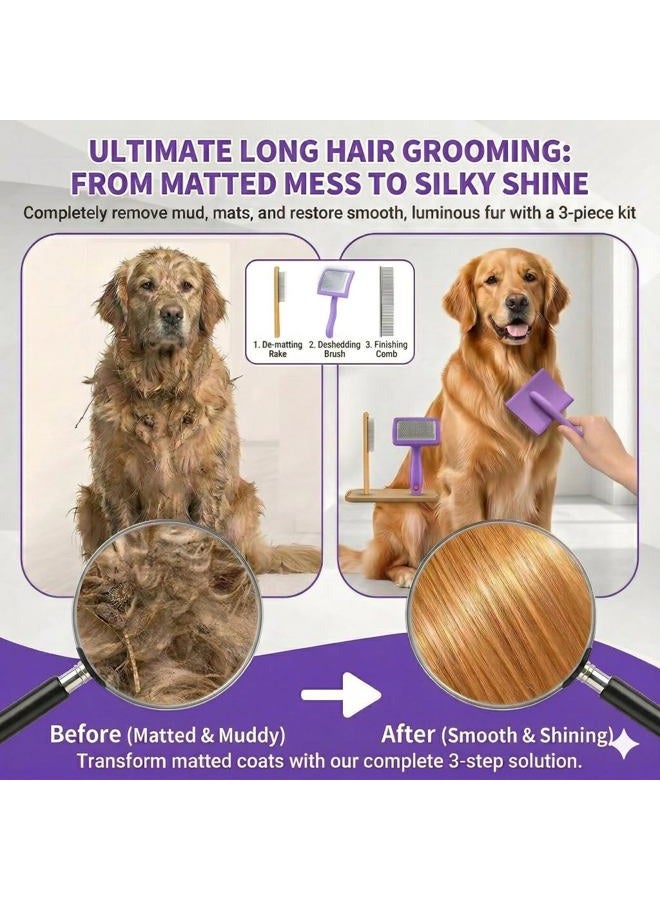 COZYGIFT Self-Cleaning Slicker Brush for Shedding Short & Long Haired Dogs, Pet Brush Kit for Grooming Large Small Breeds. Removes Loose Fur, Undercoat and Tangled Hair. Includes Bath Brush for Cats - Image 3